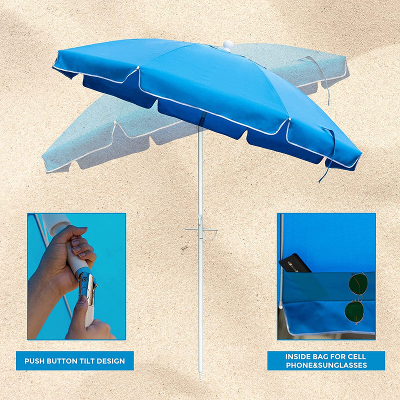 7 Feet Beach Umbrella with Sand Anchor, Push Button Tilt and Carry Bag