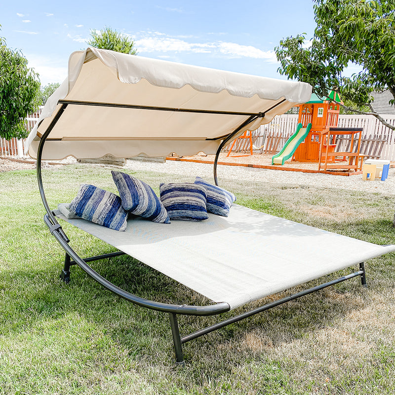 Double Chaise Lounge Hammock Bed with Sun Shade and Wheels, Cream